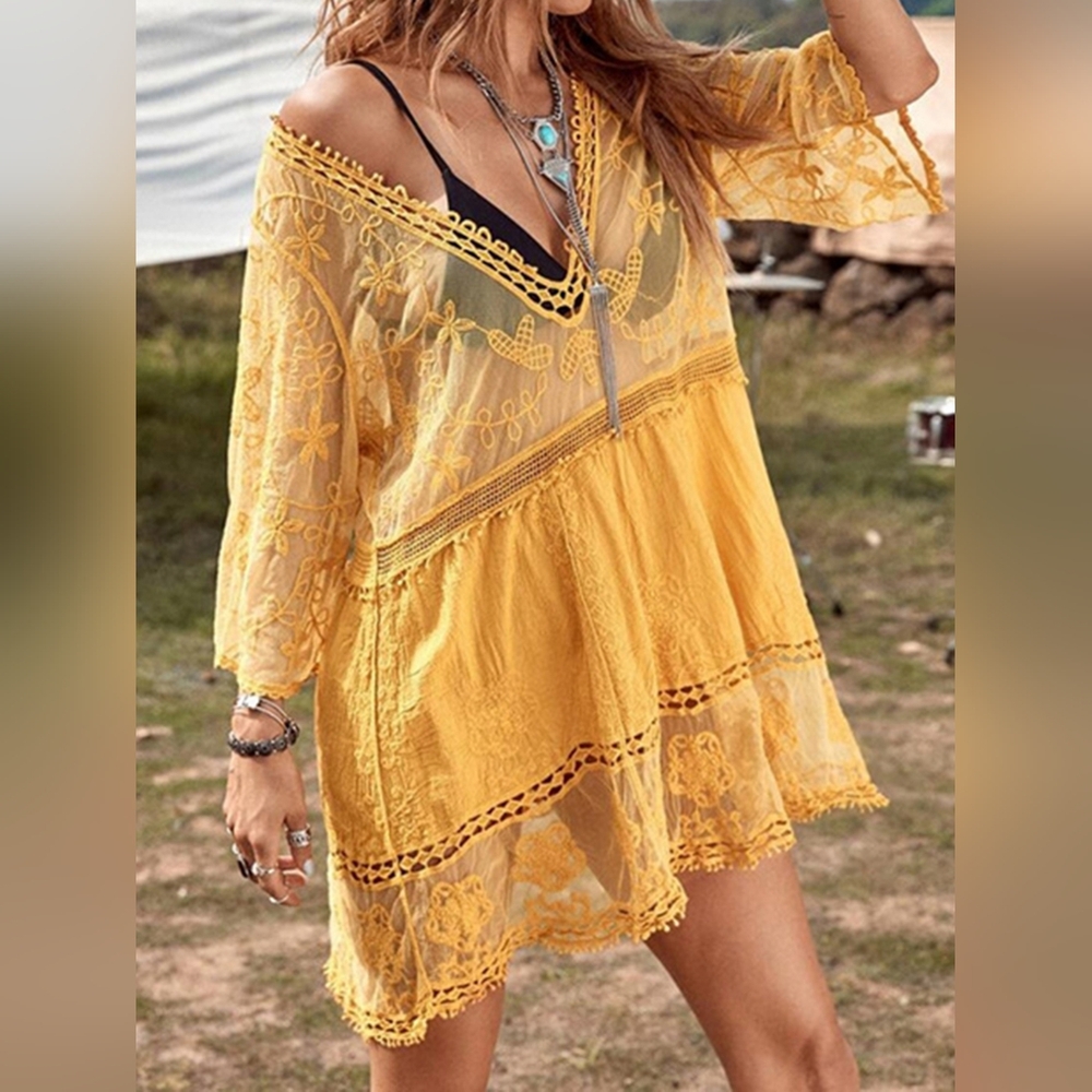 Lace Bohemian Oversized Swim Coverup Mini Dress Half-Sleeve Swimwear Sheer Cover